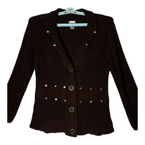 Chicos Cardigan SZ 2 Brown Buttons Silver Studded 100% Cotton Sweater Jacket